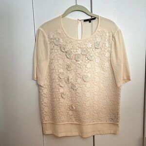 Tibi Short Sleeve 100% Silk Cream Top with Flower Lace Size 4